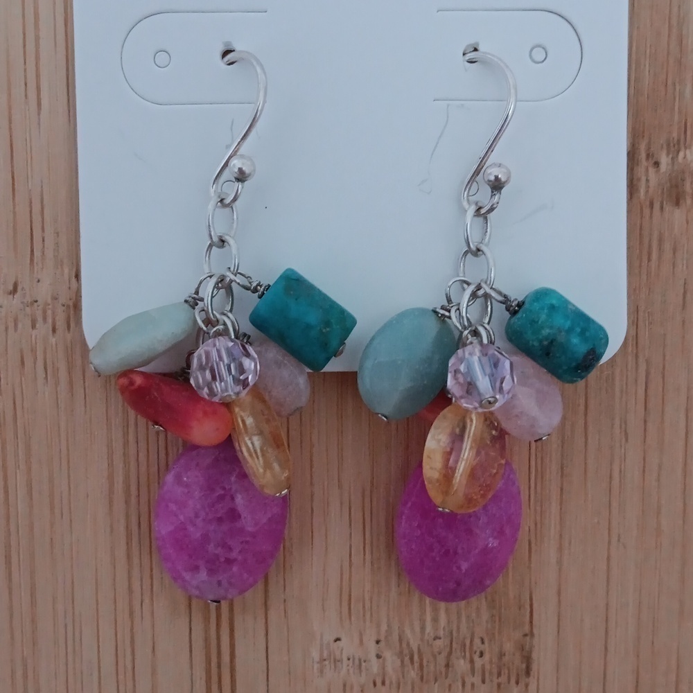 Silver Tone Multi Colored Beaded Dangle Earrings